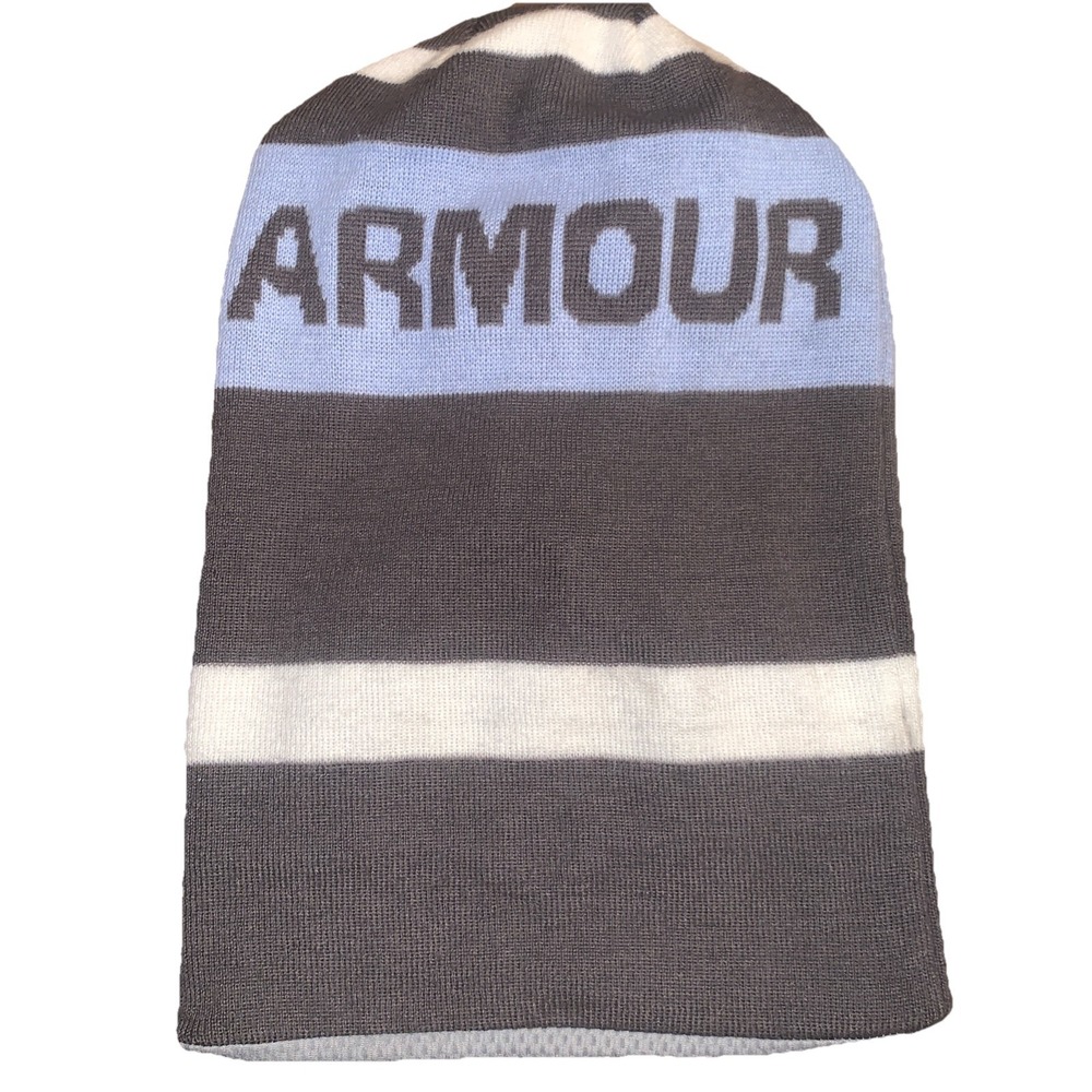 Under Armour Knit Striped Gray Blue White Beanie Hat Unisex Large Thermo